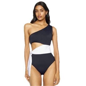 Ralph Lauren Cutout One Shoulder Women One Piece Swimsuit Black & White Size 12